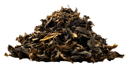 Dried loose leaf black tea dark brown gold tones heap