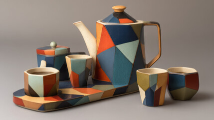 Colorful ceramic tea set with geometric abstract design placed on a matching tray