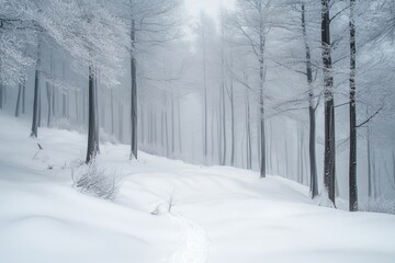 Misty winter forest with snow covered ground and frosty trees creating calm, serene and atmospheric seasonal landscape