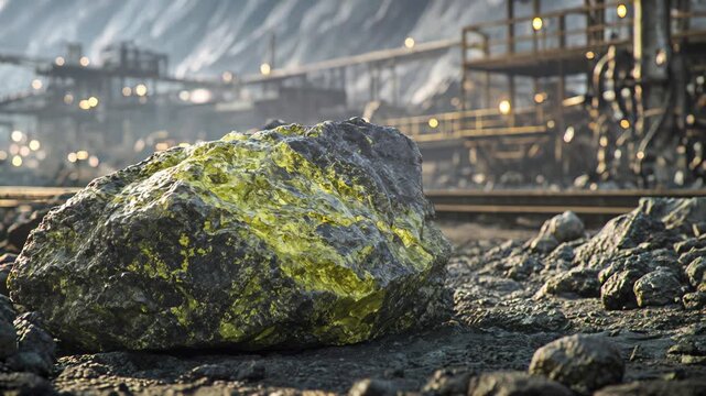 Video background of a large rock of raw uranium ore in an industrial setting.