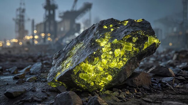 Video background of a large uranium ore rock with a green glow in a dark, industrial setting. Uranium mining concept.