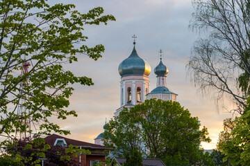 Domes of the Trinity Cathedral, Valdai city, Novgorod region, Russia. View of the metal domes of...