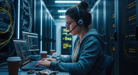 Woman codes in a server room using a laptop with two coffees nearby