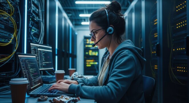 Woman codes in a server room using a laptop with two coffees nearby