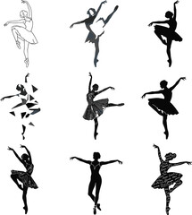 Ballet Dancer Silhouettes in Different Poses, Elegant Pirouettes, Leaps, and Dance Movements with Modern Abstract Style Design © Shuvo's World
