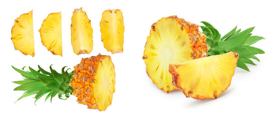 pineapple half with slice isolated on white background with full depth of field. Top view. Flat lay