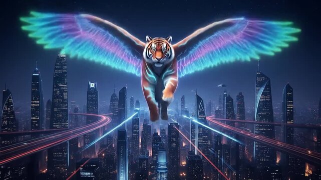 Neon Winged Tiger Soaring Over Futuristic Cyberpunk City Skyline at Night.
