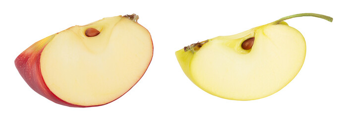 Red and yellow apple slice isolated on white background with full depth of field