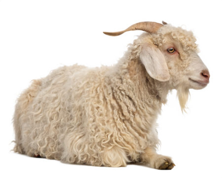 A fluffy angora goat with long curly wool and distinctive horns sits calmly on a transparent background isolated on transparent background