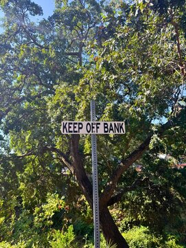 White & Black "Keep Off Bank" Sign Along Vacaville Creek Walk