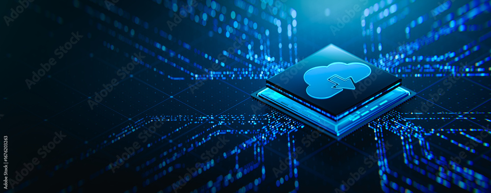 Aufkleber cloud computing icon on processor chip circuit for data storage