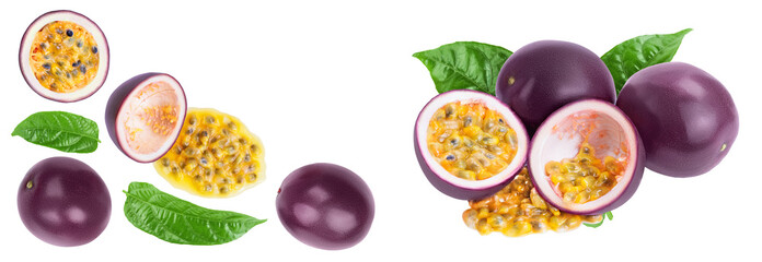 passion fruits and half isolated on white background. maracuya . Top view with copy space for your...