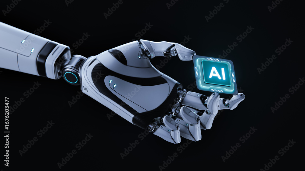 Leinwandbilder robot holding a processor with ai - artificial intelligence, technology and network concept