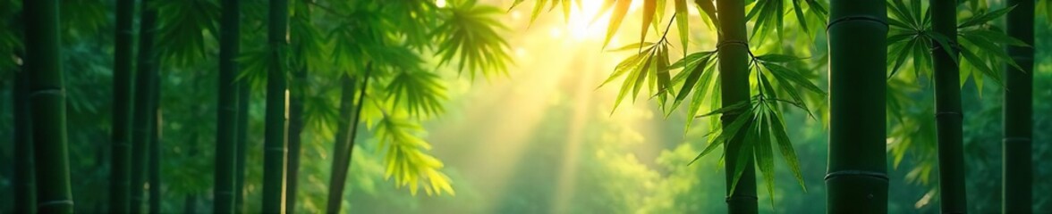 Obraz premium Serene bamboo forest bathed in the soft light of dawn, mist clinging to the lush green leaves Tranquil scene evokes peace and natural beauty , ecology, eastern, nature