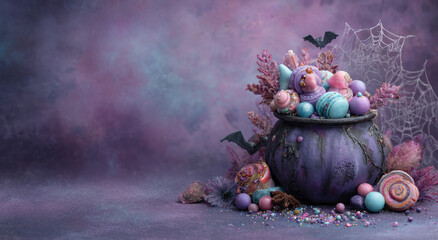 A whimsical Halloween candy bowl filled with pastel purple lollipops, pumpkins, chocolate truffles, and enchanted decorations.