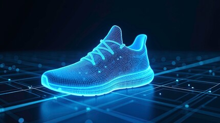 3d wireframe model of a running shoe glowing with neon blue light the shoe with digital circuit