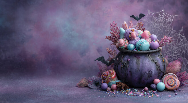 A whimsical Halloween candy bowl filled with pastel purple lollipops, pumpkins, chocolate truffles, and enchanted decorations.