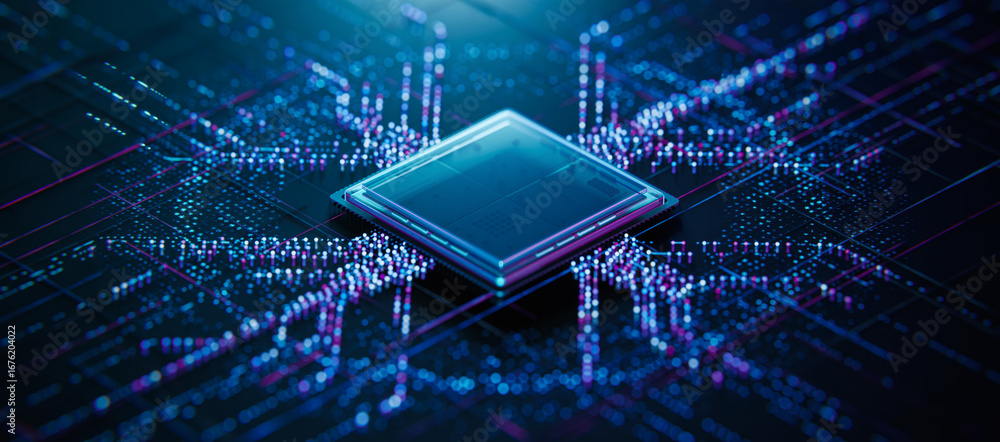 Leinwandbilder high-tech processor chip circuit board with data flow. technology concept