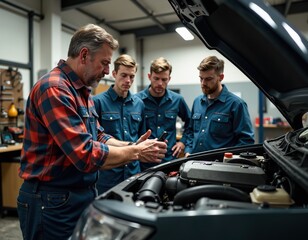 Caucasian male mechanic teaching young adults automotive repair in garage workshop