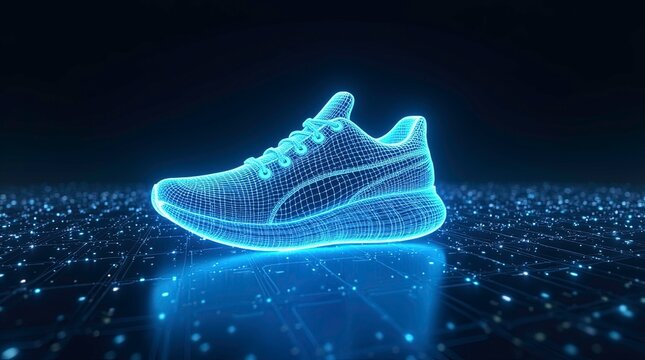 3d wireframe model of a running shoe glowing with neon blue light the shoe with digital circuit