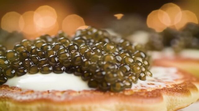 Elegant Close-Up of Caviar Pearls on Blinis with Sour Cream and Bokeh Background