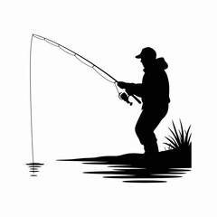 Silhouette of a person fishing with a rod by the water