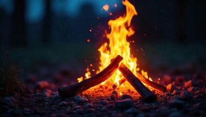 Close-up of a roaring bonfire, flames licking upward against the night sky, embers glowing brightly Perfect for representing warmth, energy, and power , hot, vibrant, yellow