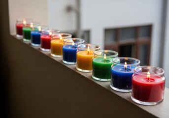 A row of colorful candles in glass holders illuminates a windowsill with a warm glow