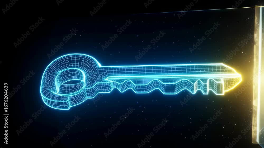 Poster 3d animation of a blue and yellow digital key moving towards a glowing portal representing solution 