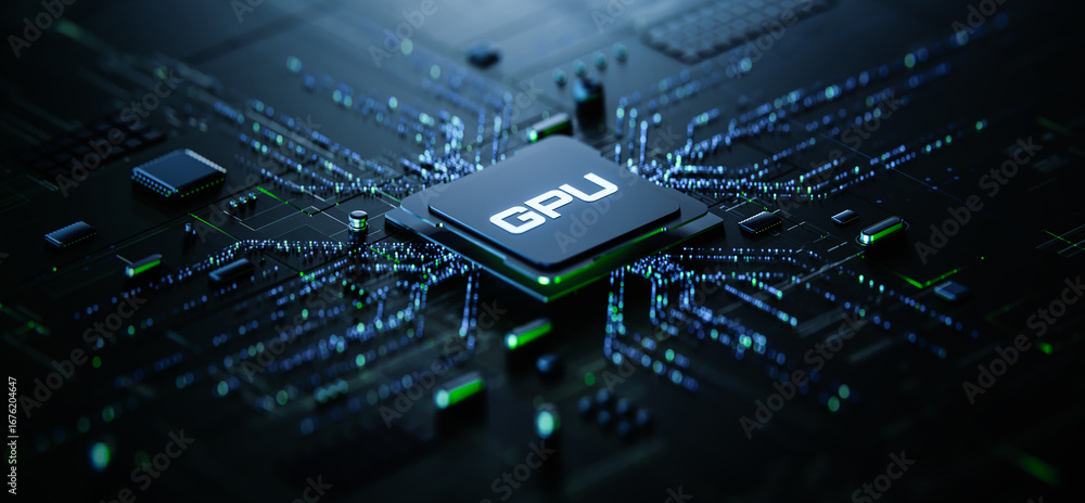 Fototapete futuristic gpu processor. graphics processing unit on circuit board