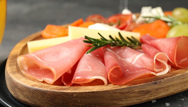 Gourmet charcuterie board with sliced ham, cheeses, and vegetables