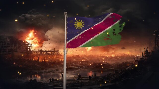 Namibia flag waving in war is torn