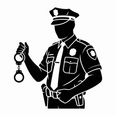 Silhouette of a police officer holding handcuffs ready for arrest