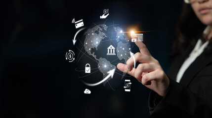Worldwide digital payment network showing secure financial transactions. Digital payment supports...