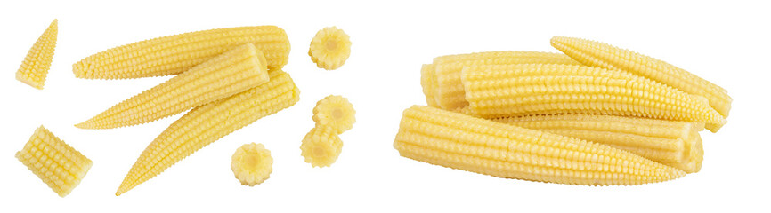 Pickled young baby corn cobs isolated on white background. Top view. Flat lay
