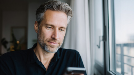 Middle aged Caucasian man with gray hair standing by a window, looking at his smartphone screen, reading writing message