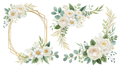 Watercolor floral border with white blossoms and green leaves, elegant hand-painted botanical frame design for wedding invitations and romantic stationery