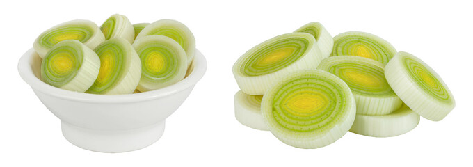 sliced Leek vegetable in ceramic bowl isolated on white background with full depth of field