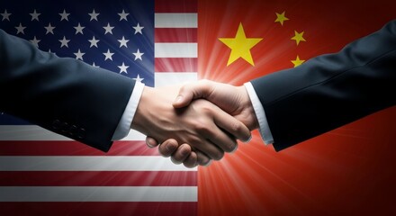 Handshake between two people in suits with usa and china flags in the background image