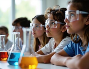 Diverse group of young students engaged in science class with beakers and safety goggles