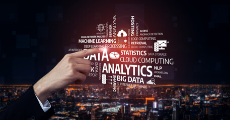 A creative representation of data analytics with a hand pointing towards keywords like machine...