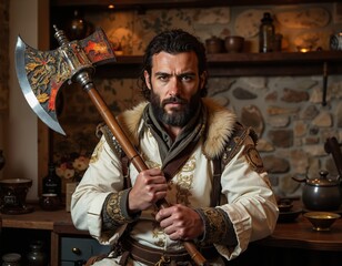 Caucasian male dressed as medieval warrior holding decorative battle axe in rustic kitchen
