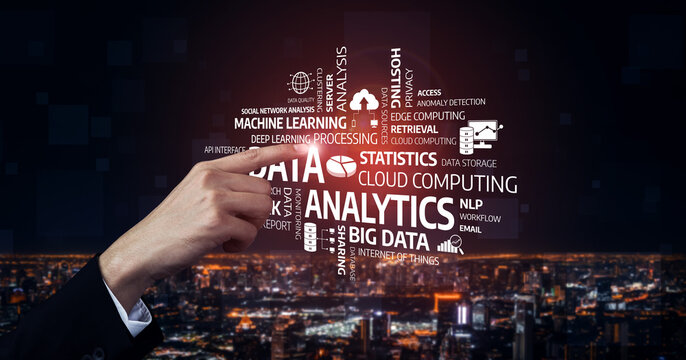 A creative representation of data analytics with a hand pointing towards keywords like machine learning and big data, set against a dark city skyline, symbolizing digital transformation. Tessel