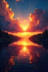Obraz premium A vibrant sunrise over a tranquil lake, symbolizing rebirth and renewal; the sun's rays breaking through the clouds represent hope and the triumph over darkness , symbolism, nature, sunrise