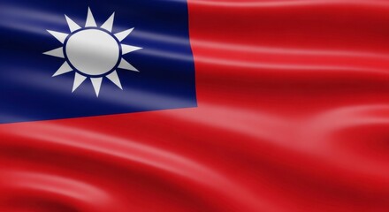 A close up of the flag of taiwan with the sun and the blue and red colors waving