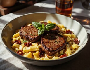 Grilled steak medallions on creamy pasta with basil and sunlit cherry tomatoes in a white bowl