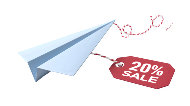3D paper plane icon with red 20% off tag on white background 