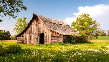 Obraz premium Rustic barn in a field of wildflowers (1)