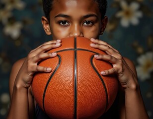 Young african male teen holding basketball in thoughtful gaze against floral background