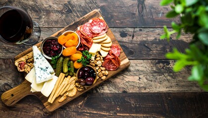Gourmet cheese and charcuterie board with wine